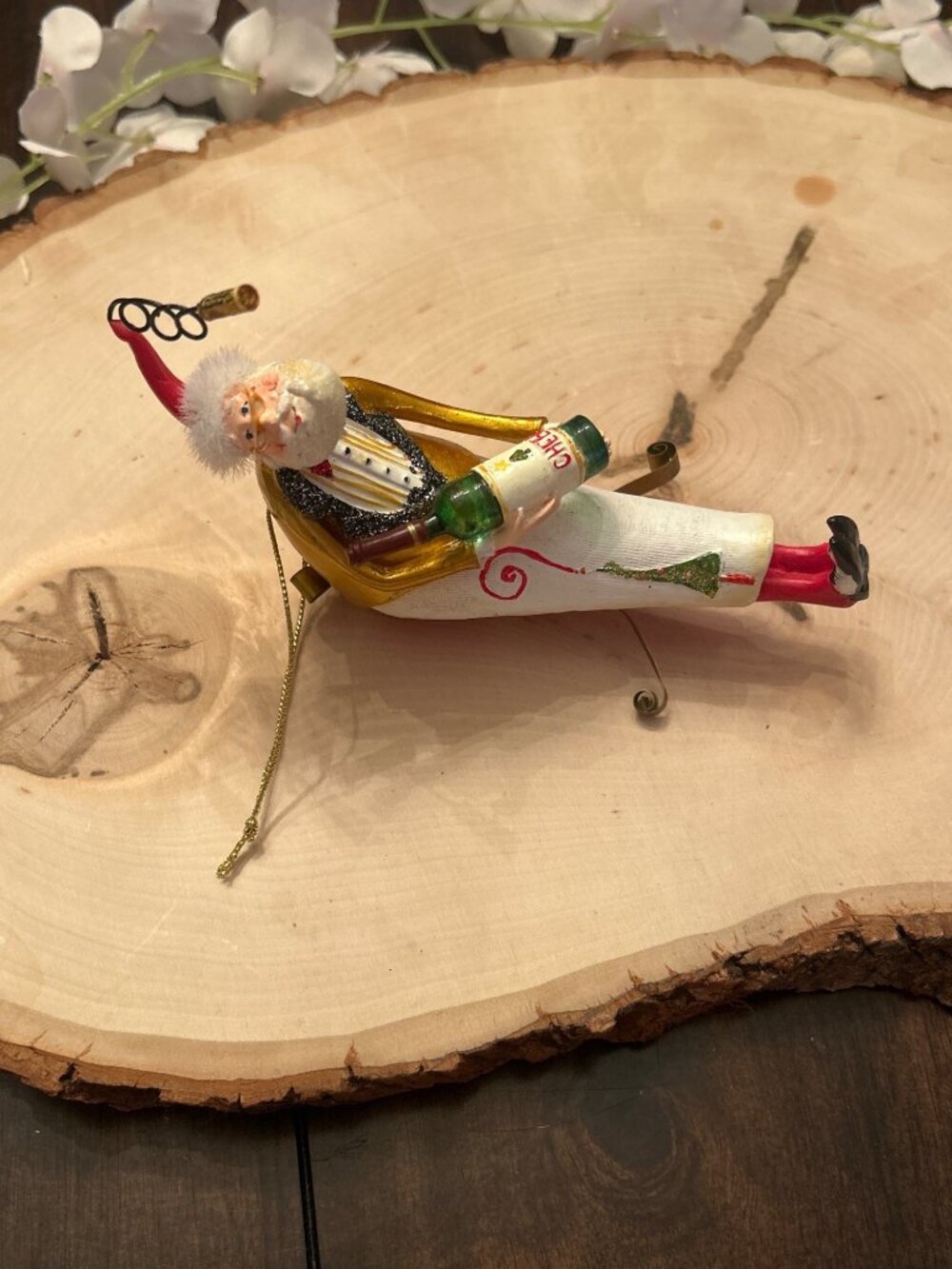 Funny Wine-Sipping Santa Ornament Hand-Painted Boozy Christmas Decor